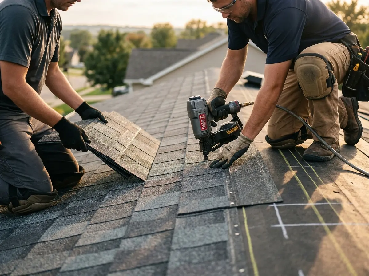 Professional roofer working on a residential roof in Hughson